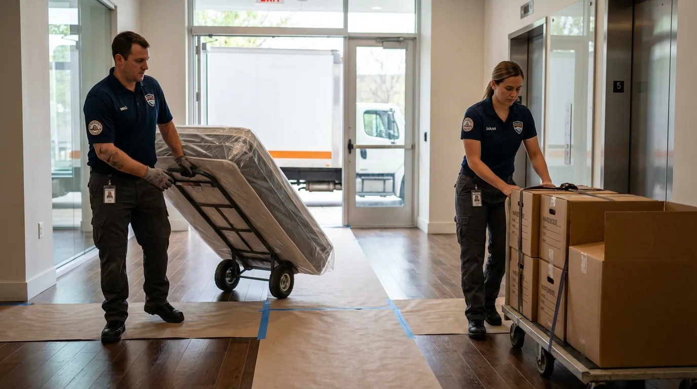Professional apartment movers loading elevator in Washingtonville, NY