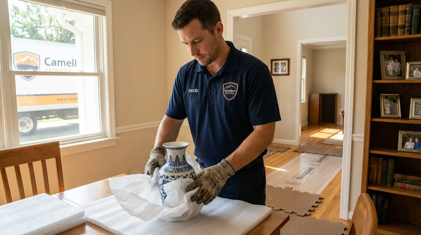 Professional crew carefully wrapping antique vase for senior downsizing move in Washingtonville, NY